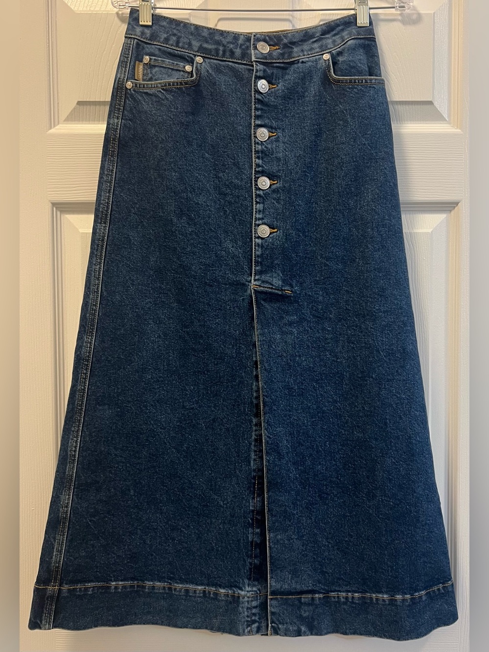 GANNI Dark Wash Button-Front Denim Maxi Skirt, size 36.